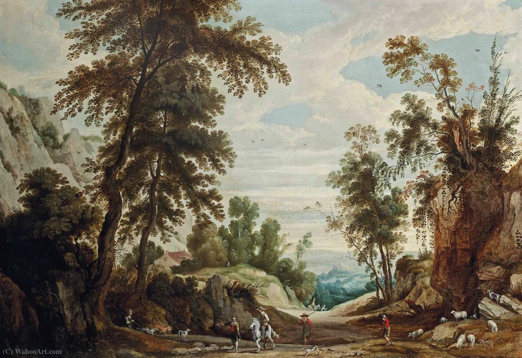 A Wooded Landscape With A Figure On Horseback And Shepherds With Their Flock On A Path, A Castle Bayond — Jan Wildens