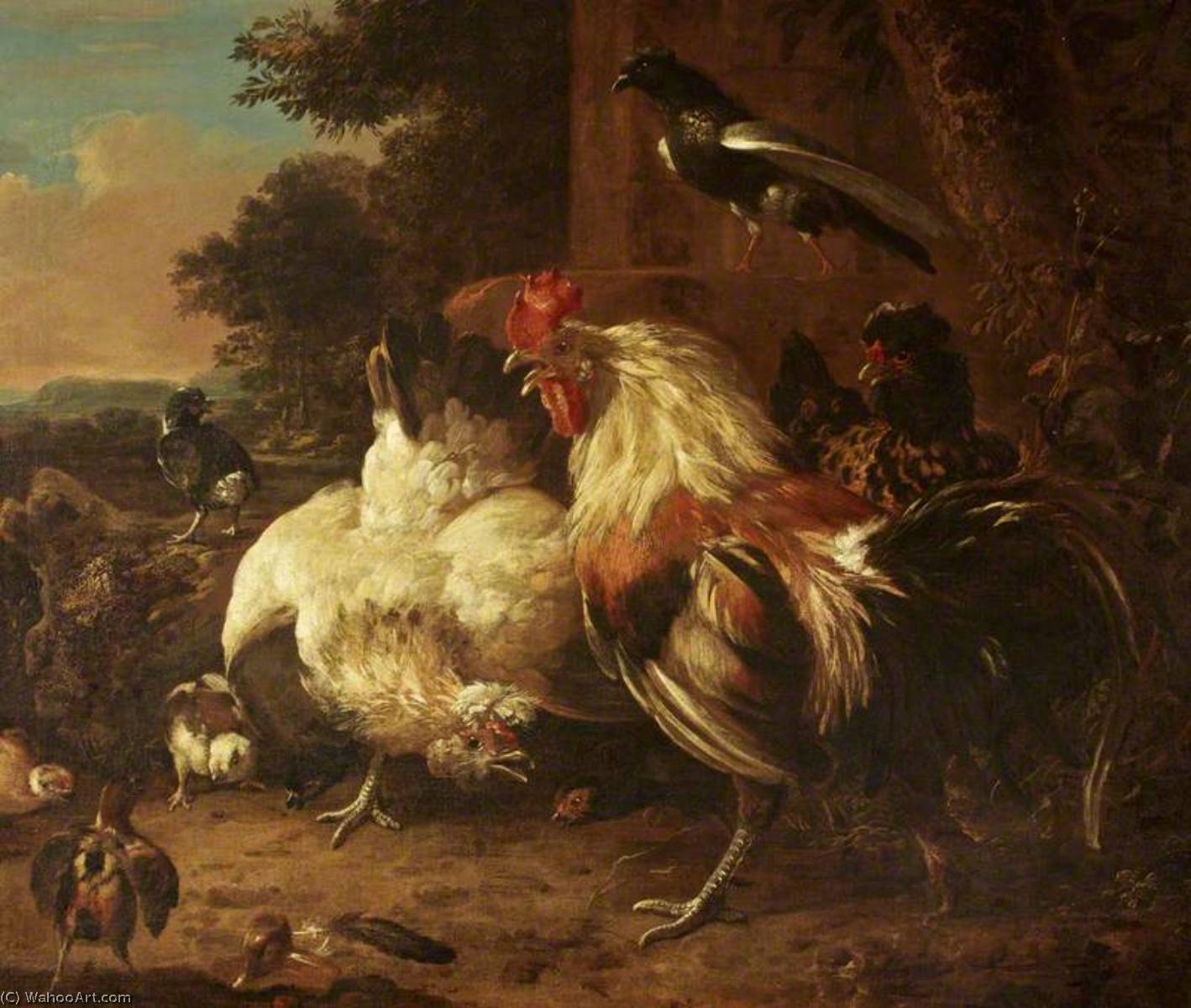 A Cock And Two Hens, With Chicks, In A Landscape Setting — Melchior De Hondecoetter