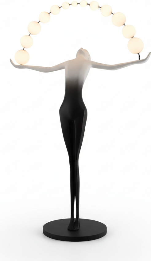 Sculptural Black Resin Floor Lamp With Acrylic Ring Light