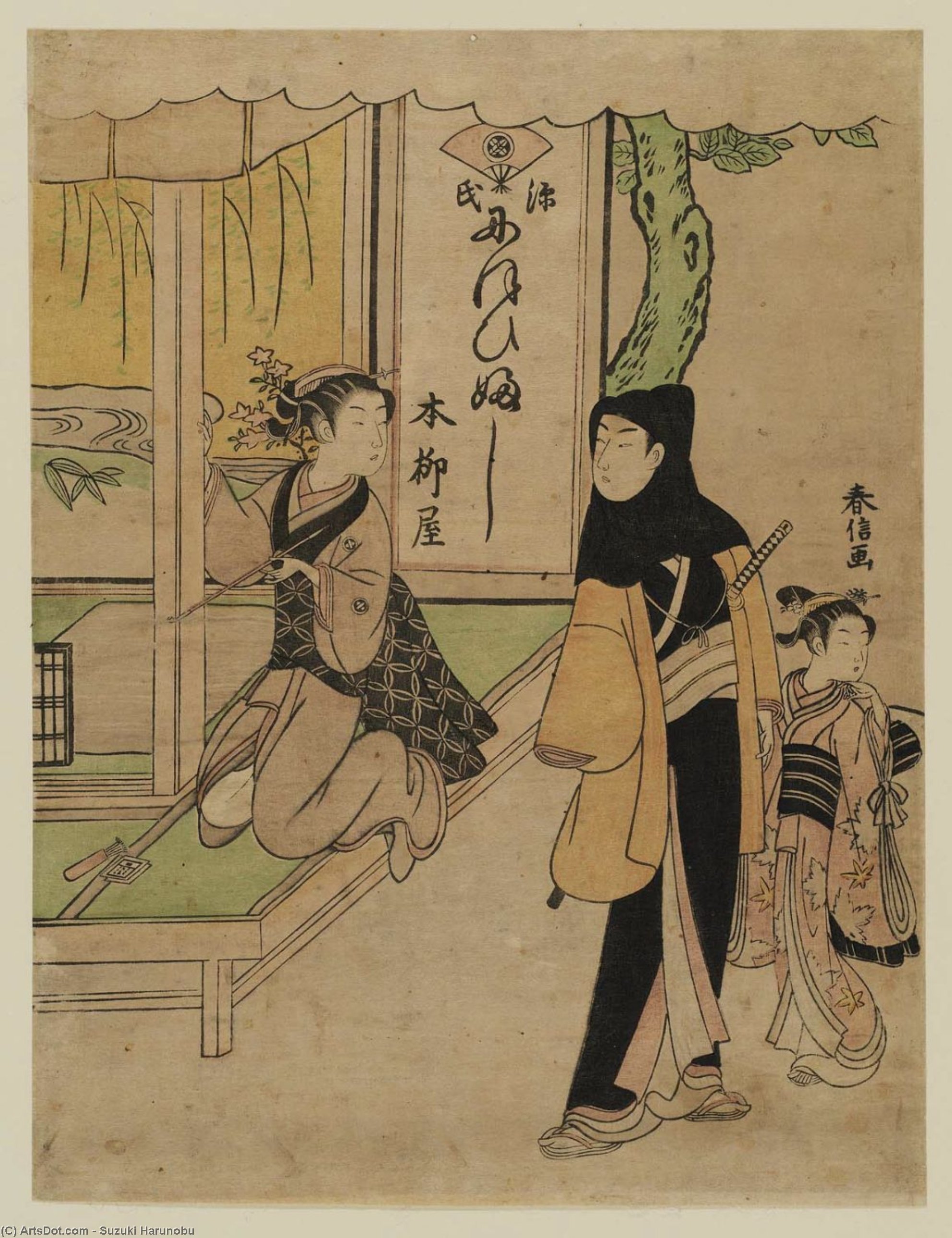 Ofuji Of The Yanagiya With A Young Man Wearing A Hood — Suzuki Harunobu