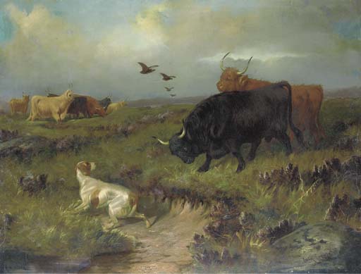 Highland Cattle, With A Setter And Grouse On The Moor — Colin Graeme Roe