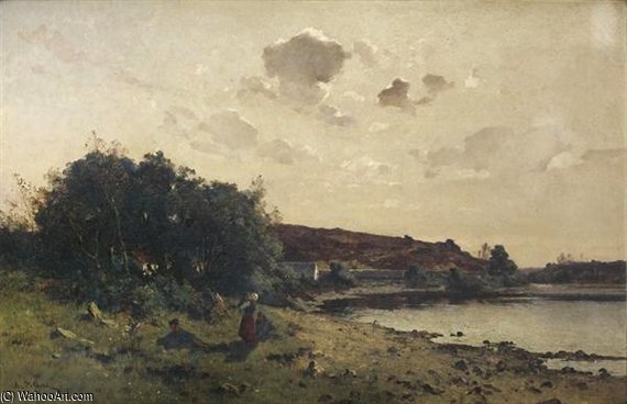 Enfants Au Repos Devant Un Paysage De Rivière — Leon Germain Pelouse