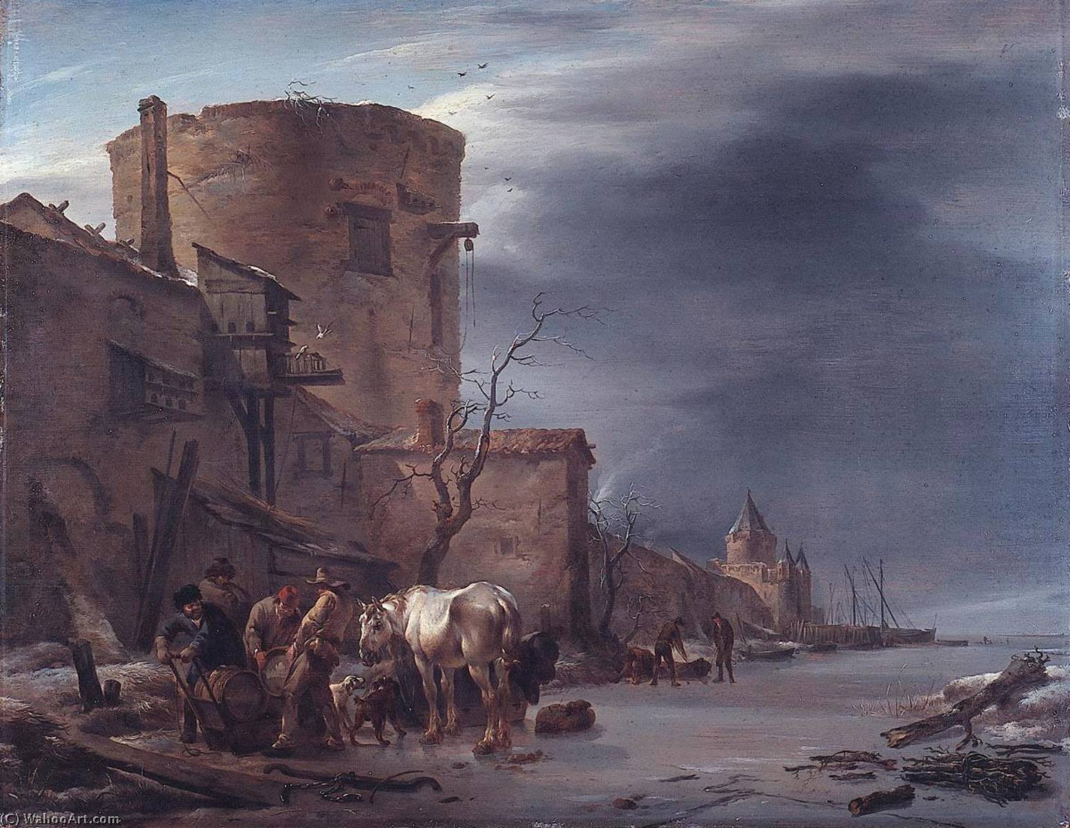 A Frozen Canal Outside A City Wall Of Haarlem In Winter — Nicolaes Pietersz. Berchem
