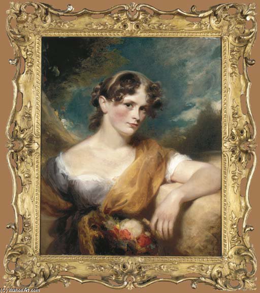 Portrait Of Miss Caroline Hopwood, Half-length, In A Purple And White Dress — George Henry Harlow