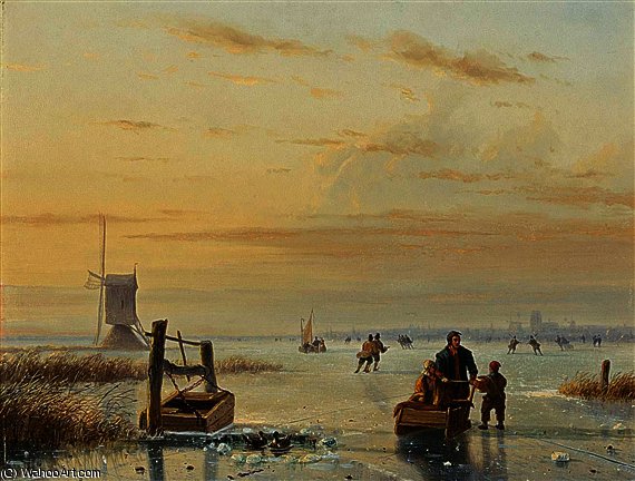 Skaters On A Frozen Waterway, Windmills In The Distance — Nicolaas Johannes Roosenboom