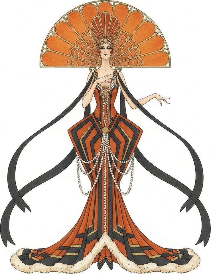 Gilded Orange Fan And Cascading Pearl Strands — Valentin Laurent De Courcey
