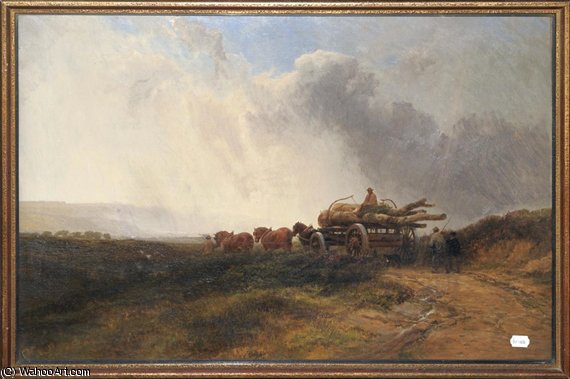 A Team Of Horses And Fiigures Hauling Timber On A Cart In An Open Landscape — George Cole Senior