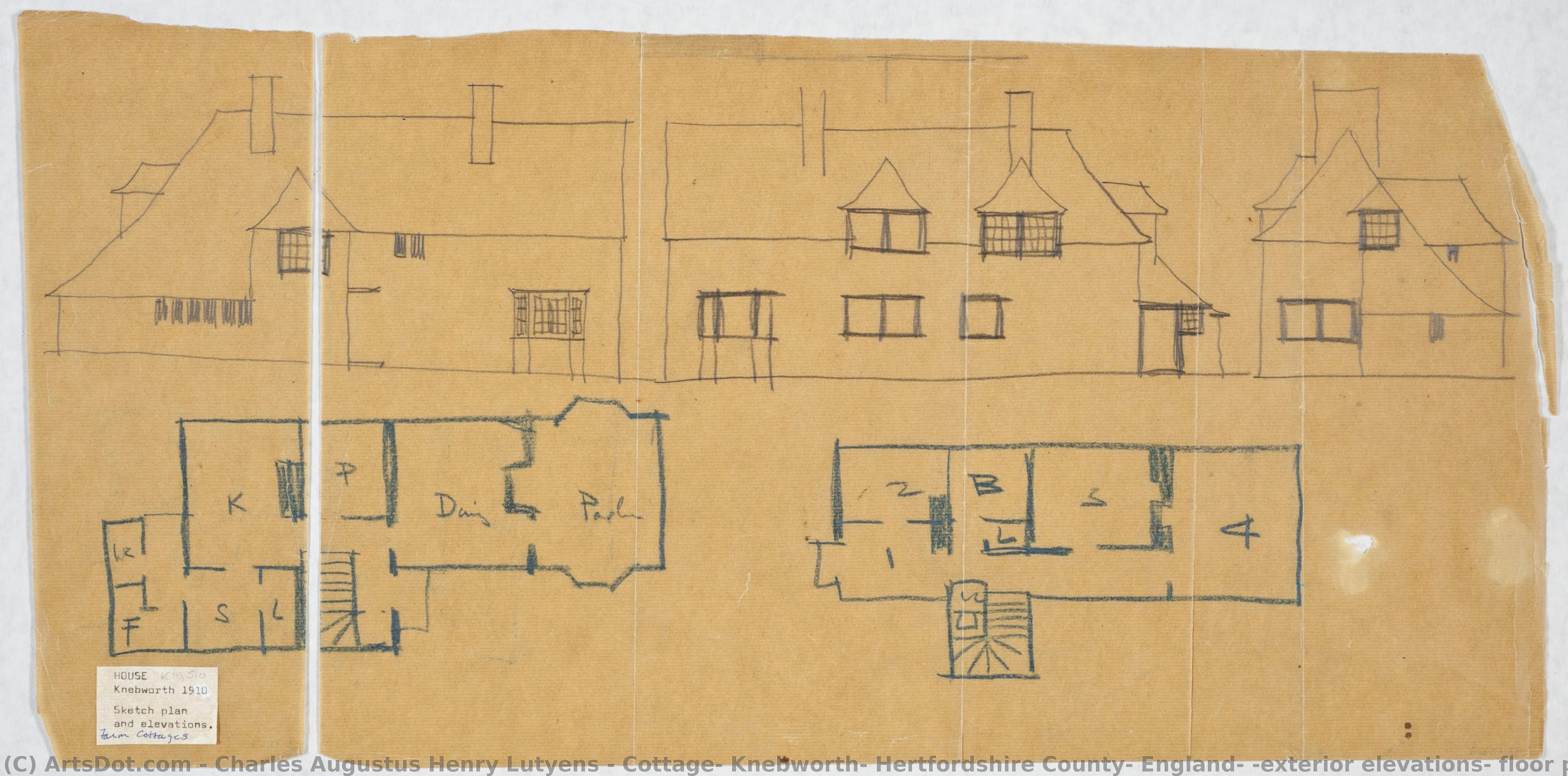 Cottage, Knebworth, Hertfordshire County, England; [exterior Elevations, Floor Plans, Sketches] — Charles Augustus Henry Lutyens