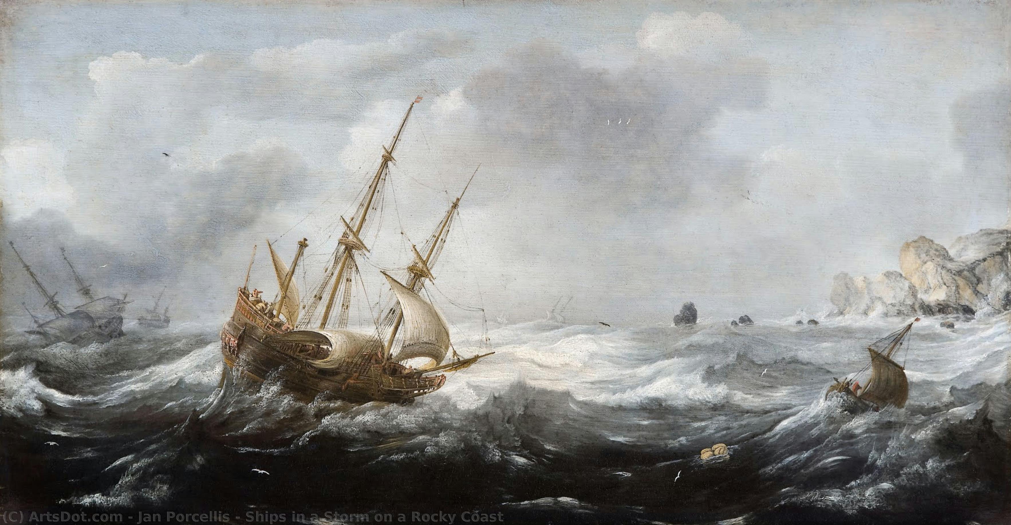 Ships In A Storm On A Rocky Coast — Jan Porcellis