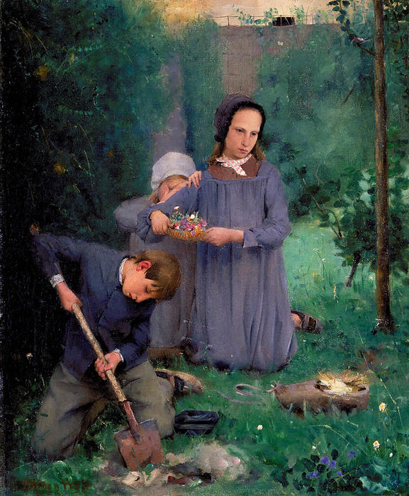 Children Burying A Bird — Julian Alden Weir