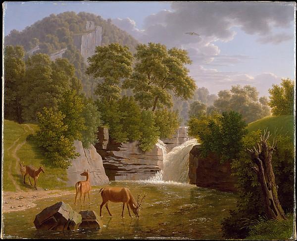 Mountain Landscape With Deer At A River — Johann Jakob Biedermann