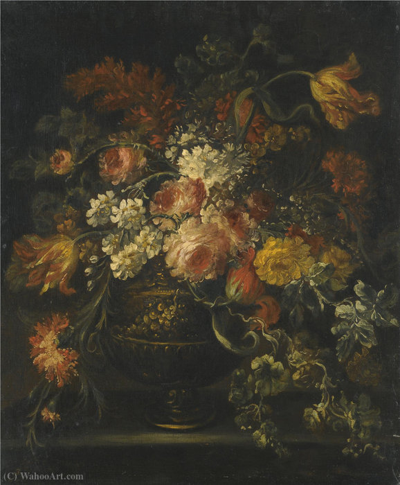 Still Life Of Roses, Parrot Tulips And Other Flowers In A Brass Urn Upon A Ledge — Margherita Caffi