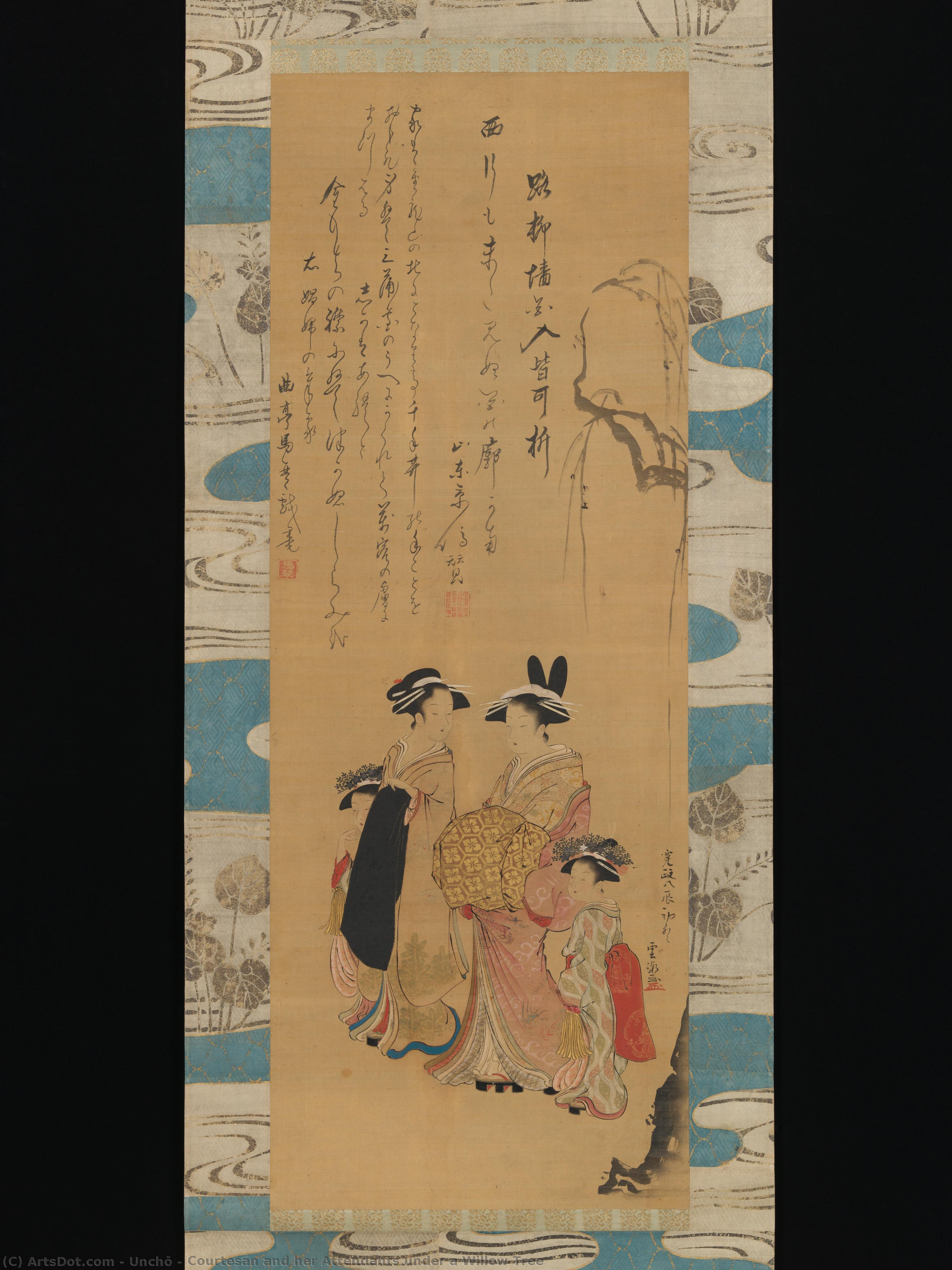 Courtesan And Her Attendants Under A Willow Tree — Utagawa Unchō