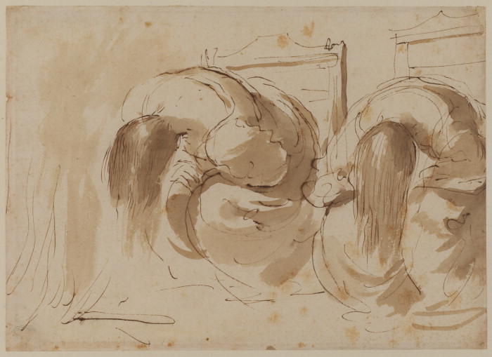 Two Seated Women Drying Their Hair In Front Of A Fire — Guercino