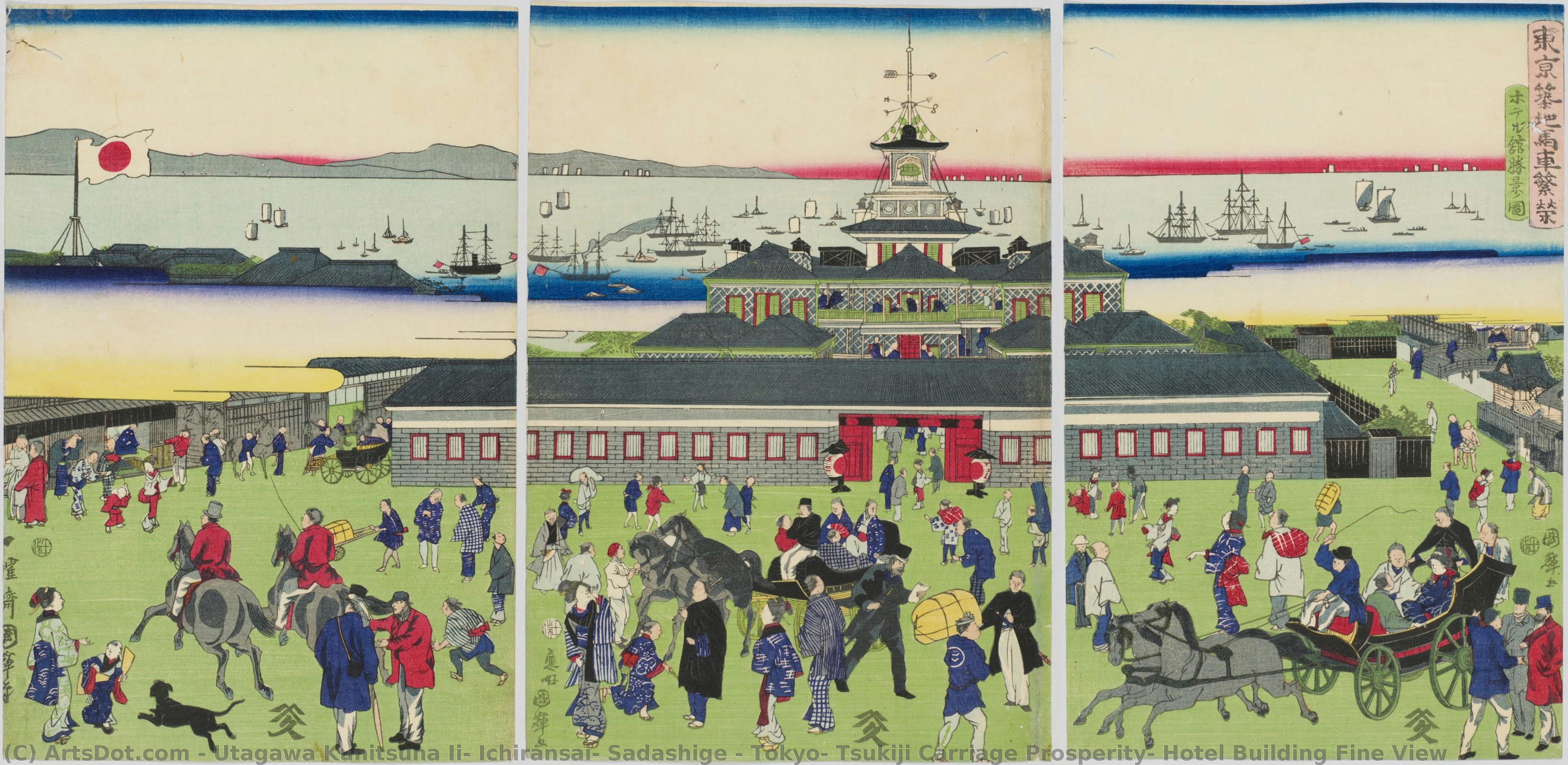 Tokyo, Tsukiji Carriage Prosperity: Hotel Building Fine View — Utagawa Kunitsuna Ii, Ichiransai, Sadashige