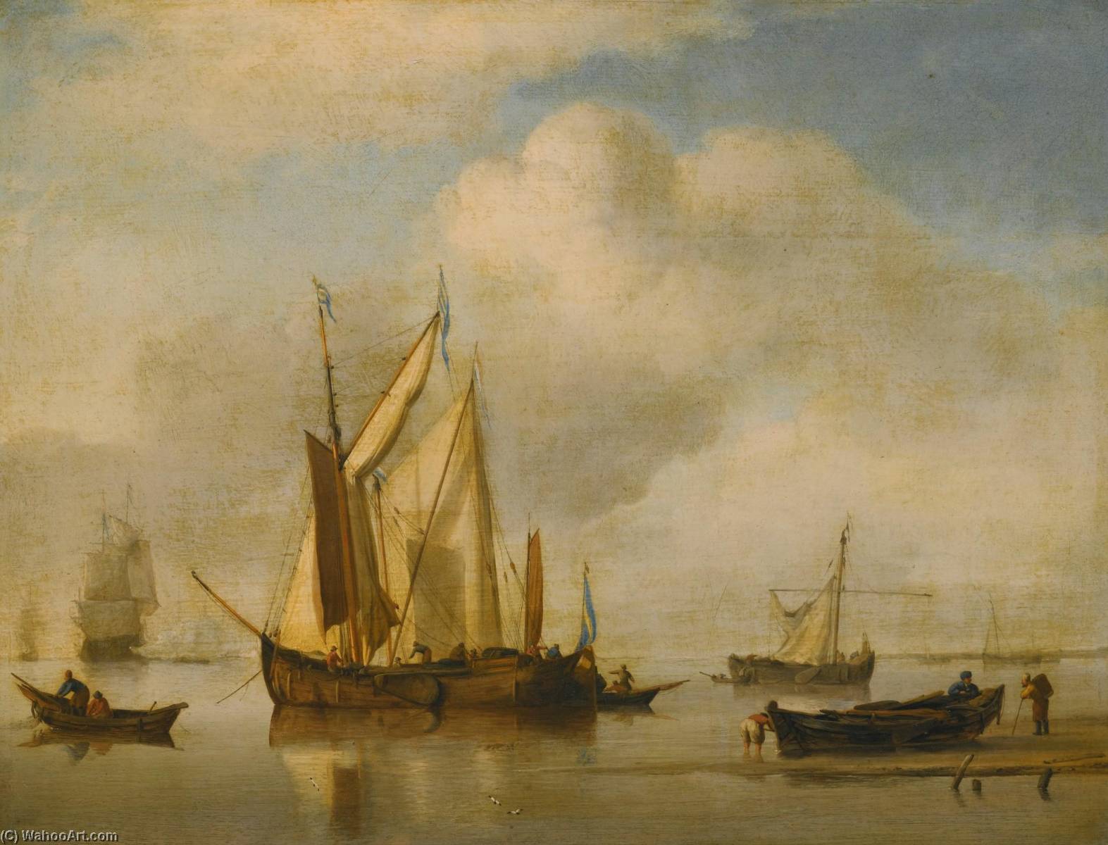 Shipping In A Calm Offshore With Figures On The Shore By A Rowing Boat, A Man Of War Lying Off — Вилем Ван Де Велде Млађи