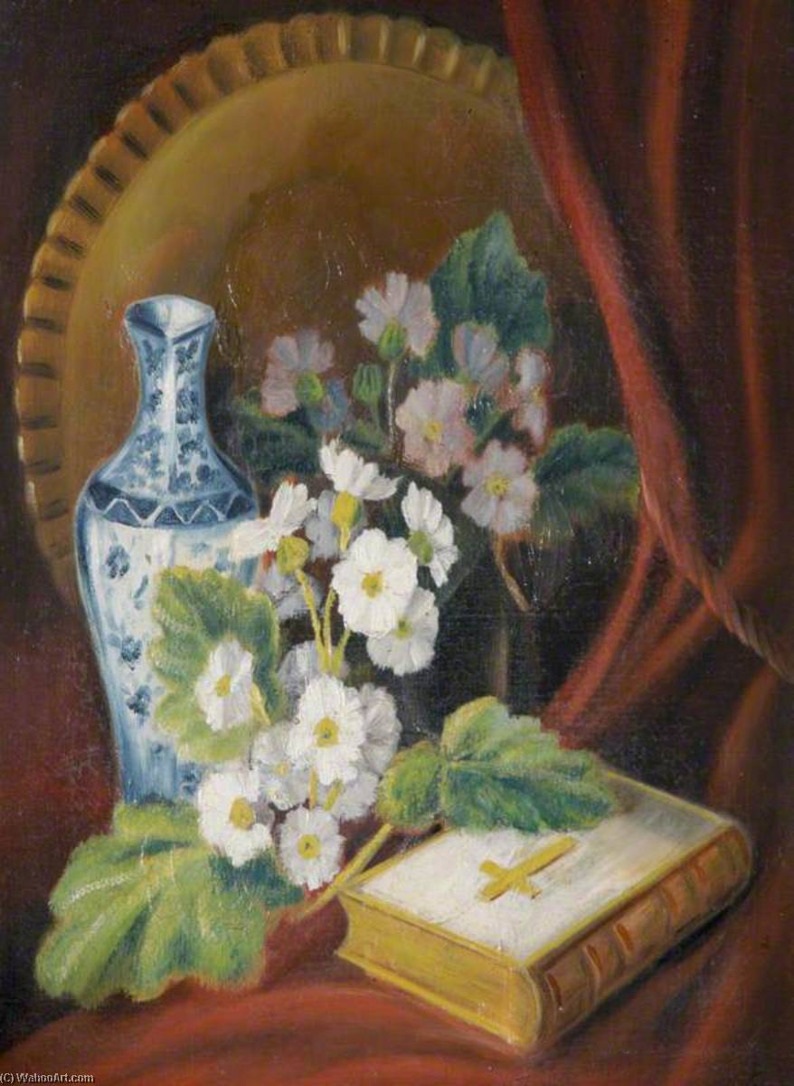 Still Life Of A Blue And White Vase, A Prayer Book, Flowers And A Brass Tray — Rosalie Chichester