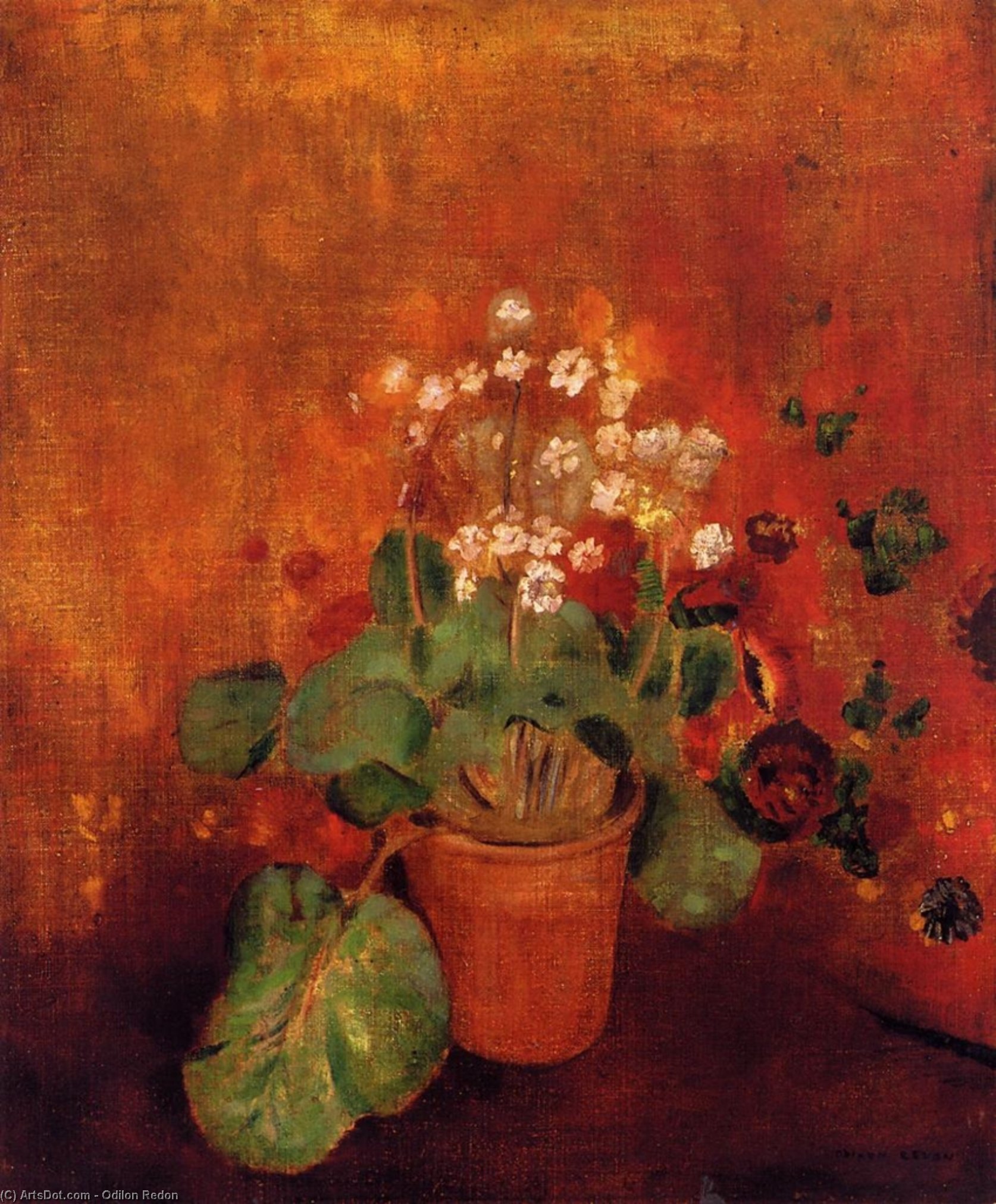 Flowers In A Pot On A Red Background — Odilon Redon
