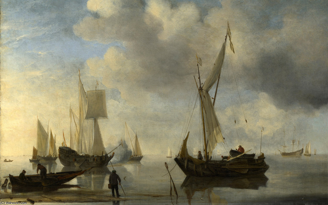 Dutch Vessels Lying Inshore In A Calm, One Saluting — Willem Van De Velde The Younger