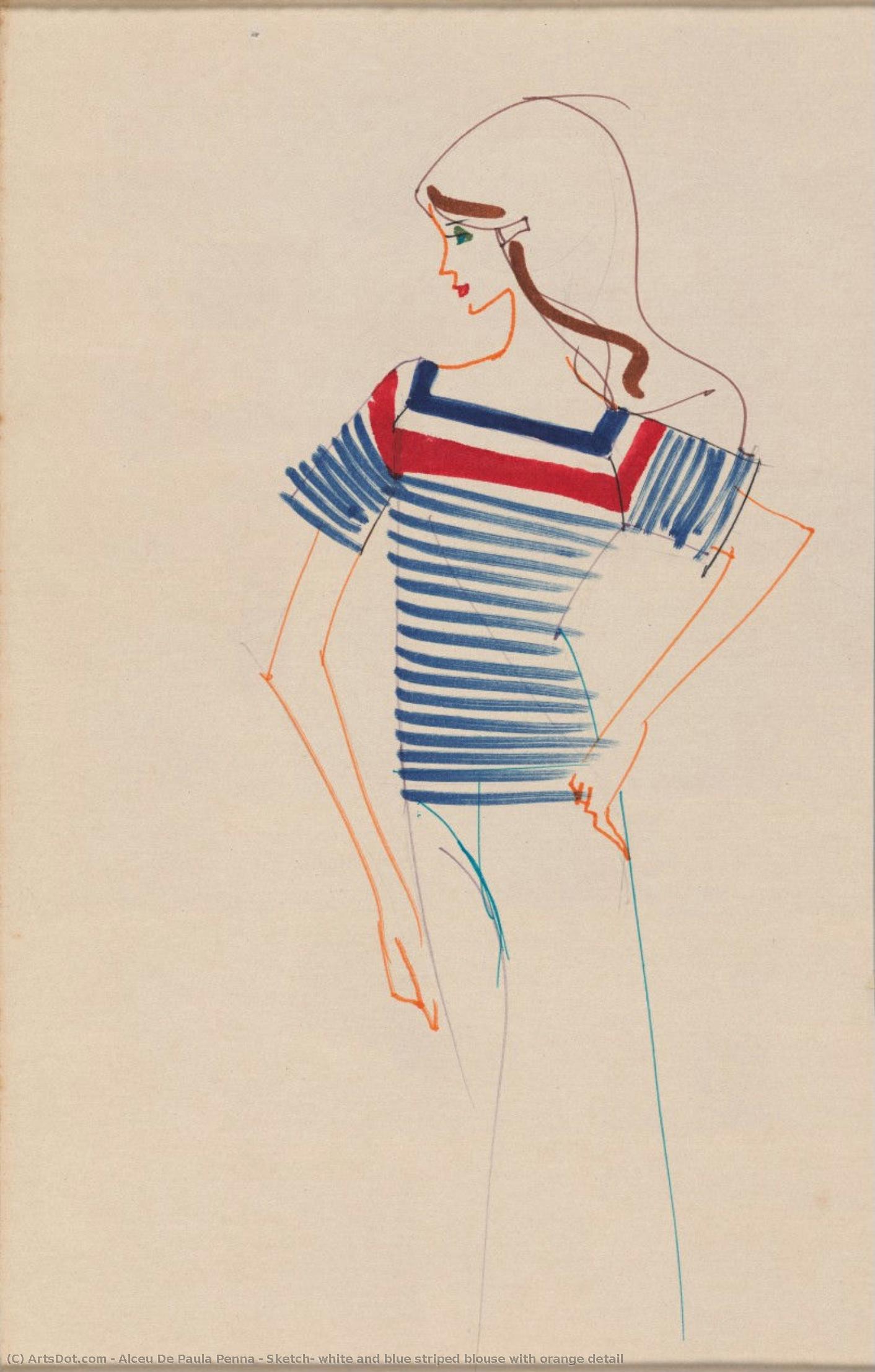 Sketch, White And Blue Striped Blouse With Orange Detail — Alceu De Paula Penna
