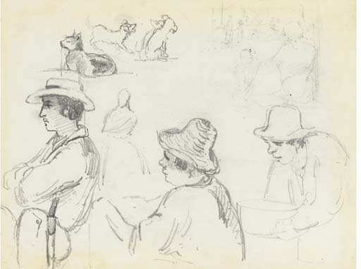 Three Men In Profile To The Left, One Holding A Basin, With Studies Of Dogs — Camille Pissarro
