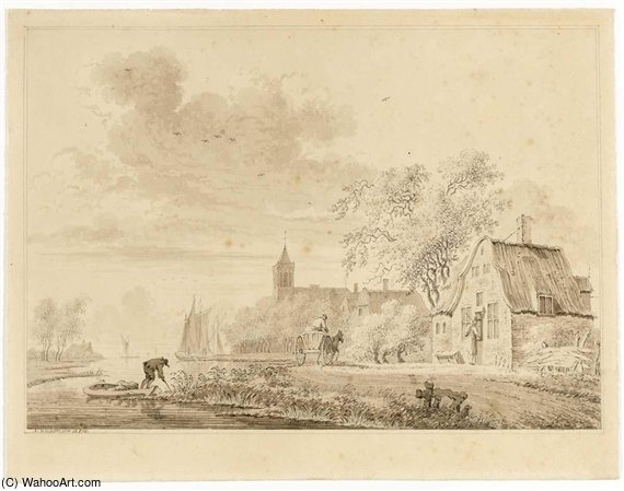 A Village By A River, With A Cart On A Path — Nicolaas Wicart