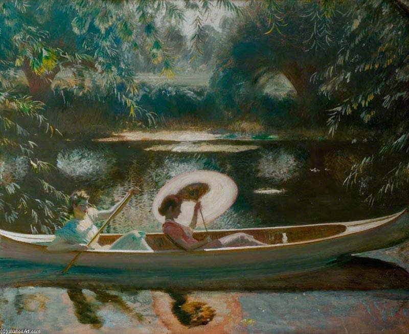 The White Canoe, Two Young Ladies Reclining In A Canoe On The Stour At Flatford — Sir Alfred James Munnings