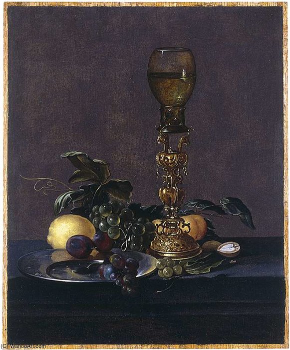 A Roemer Of White Wine On An Elaborate Stand With Black Grapes And Plums On A Pewter Plate, — Cornelis Mahu