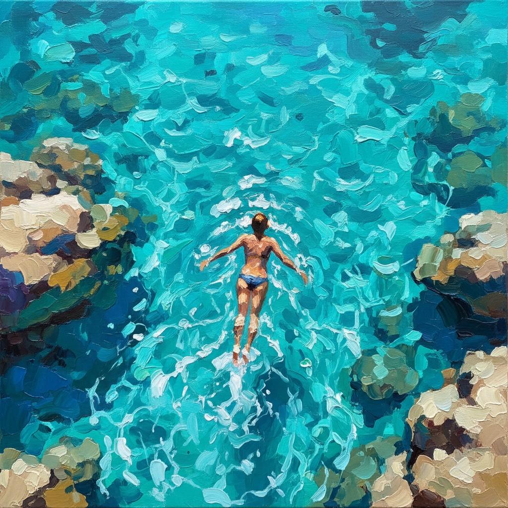 Azure Solitude: A Radiant Impasto Study Of Swirling Turquoise Tides And Earthly Enclosure — Christian Noiret