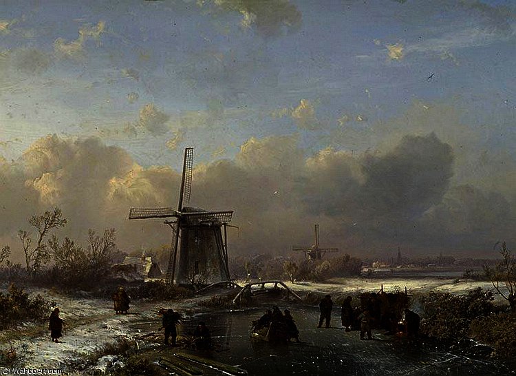 Winterlandschaft Mit Einem Zugefrorenem Kanal Und Figuren — Salomon Leonardus Verveer