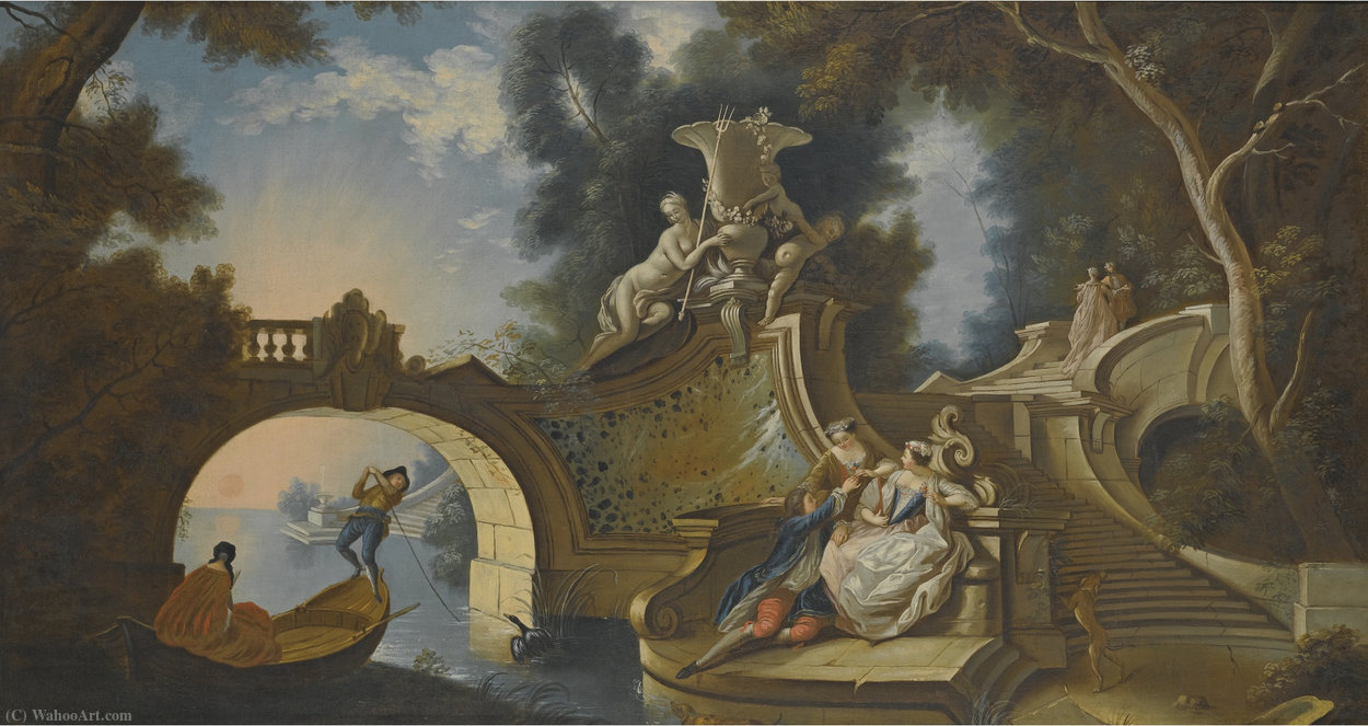 An Outdoor Scene With Elegant Figures Reclining On Riverside Steps Beside A Bridge — Jacques De Lajoue