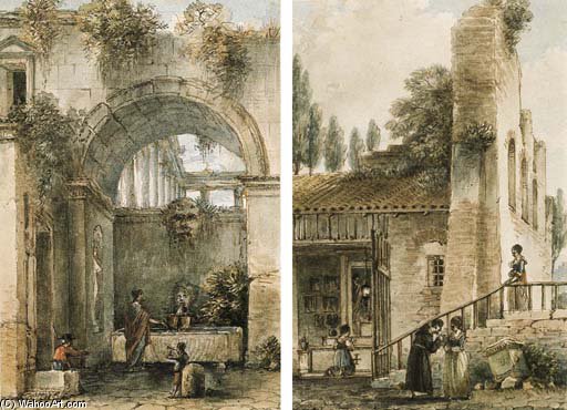 Figures At A Fountain Below The Arch Of A Roman Ruin; And A Woman At An Altar, A Monk And Two Other Women By Ruins — Victor Jean Nicolle