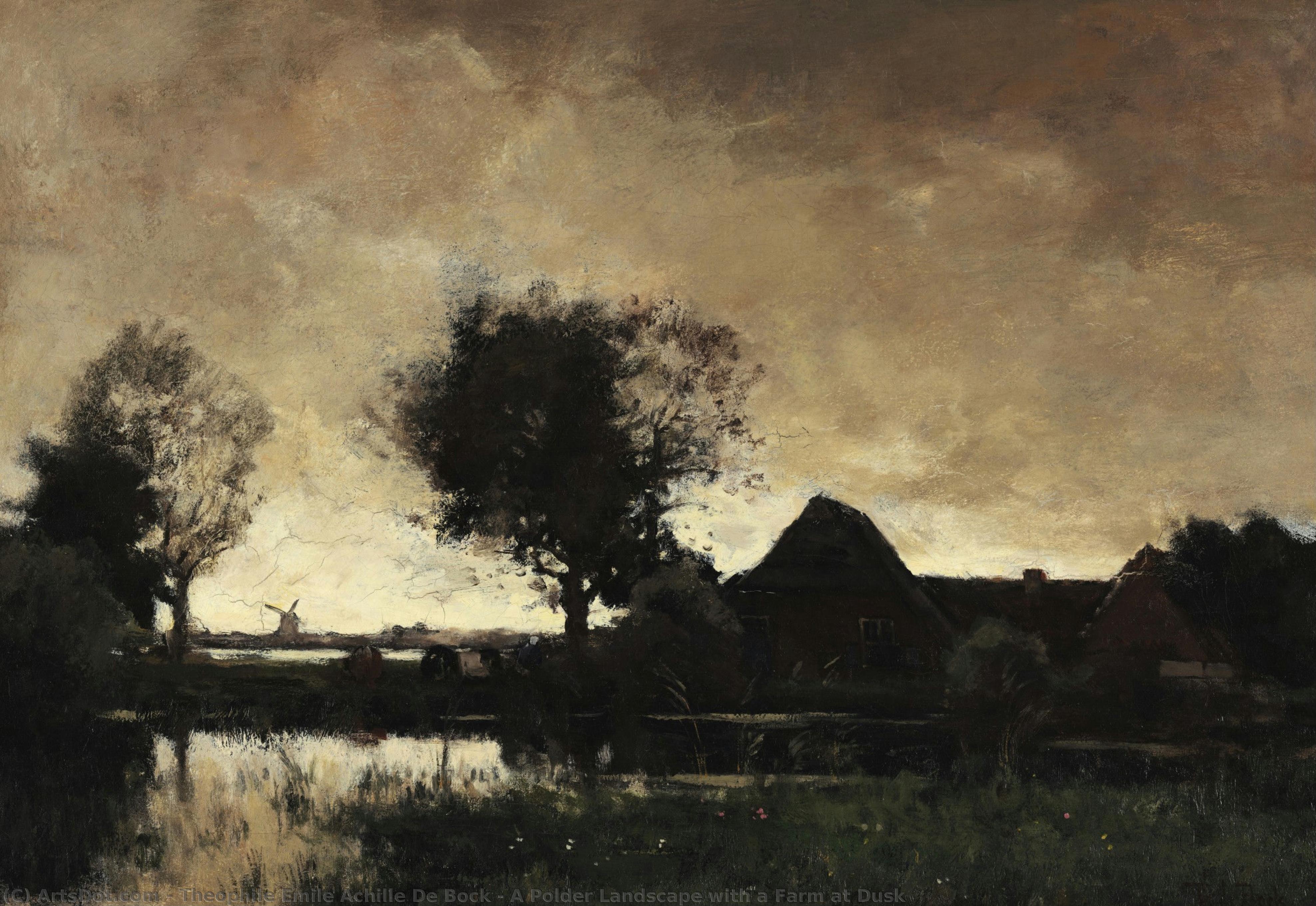 A Polder Landscape With A Farm At Dusk — Théophile De Bock