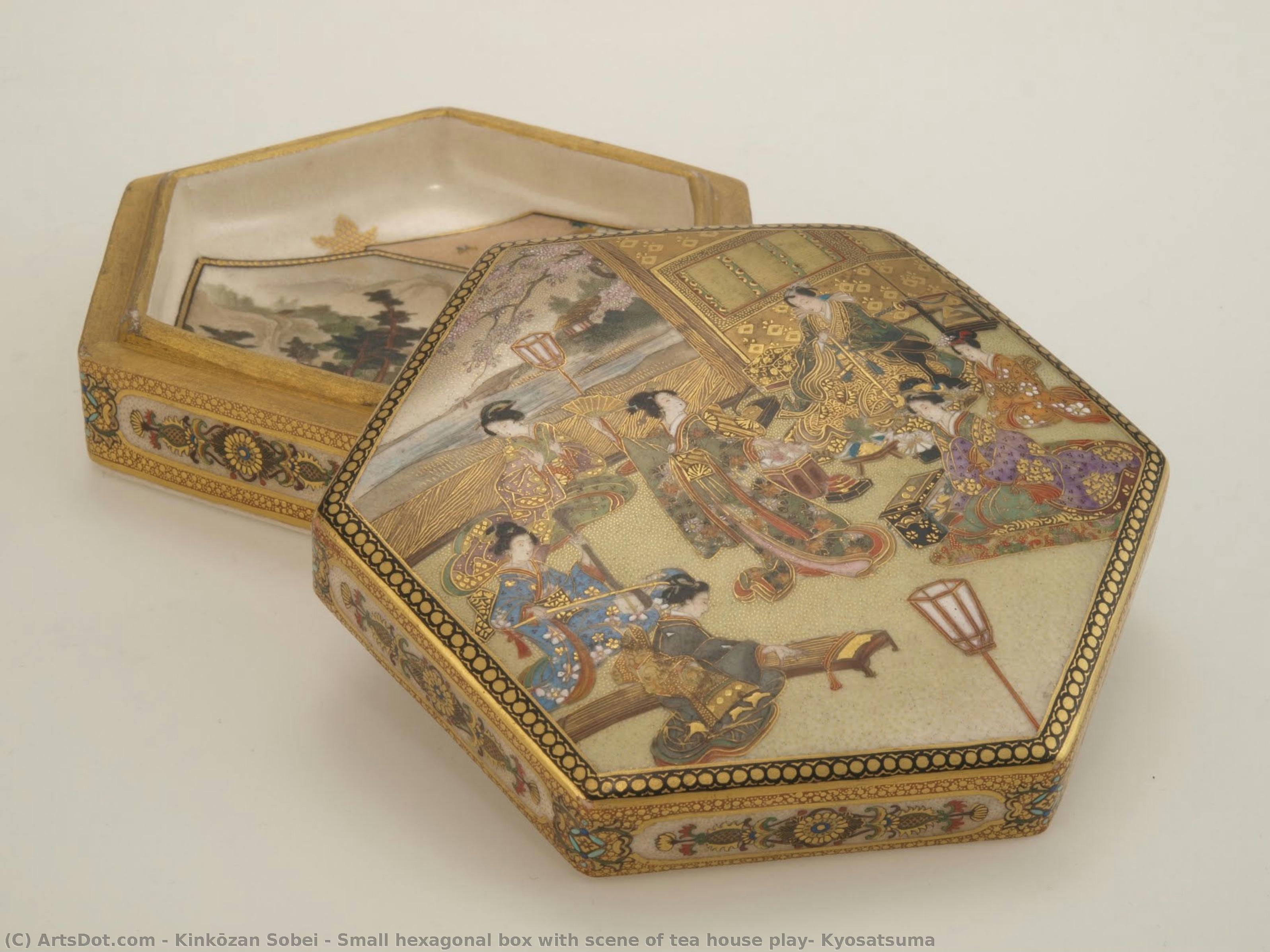 Small Hexagonal Box With Scene Of Tea House Play, Kyosatsuma — Kinkōzan Sobei