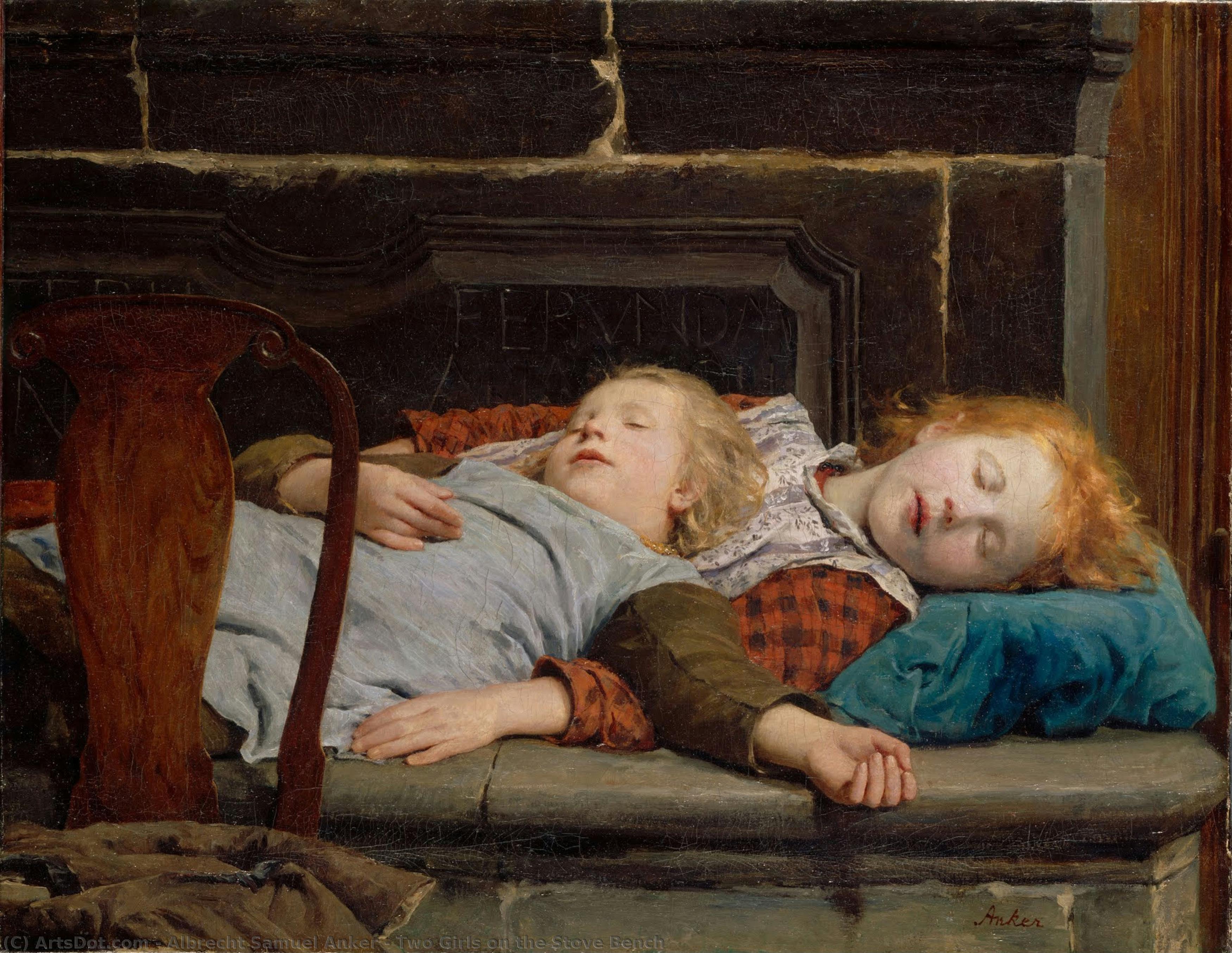 Two Girls On The Stove Bench — Albert Samuel Anker