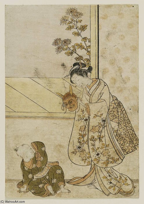 Woman With A Demon Mask Teasing A Child — Suzuki Harunobu