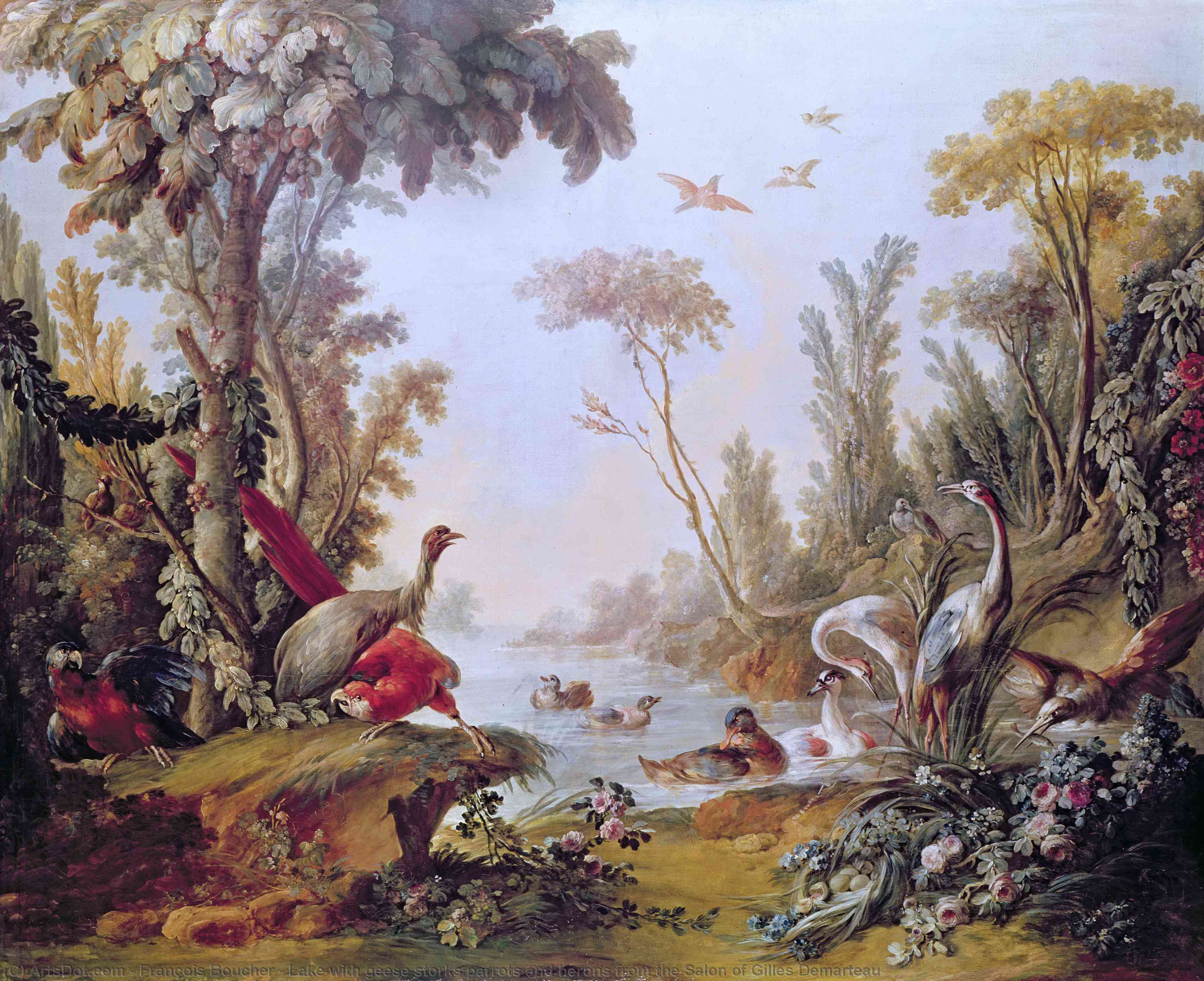 Lake With Geese Storks Parrots And Herons From The Salon Of Gilles Demarteau — François Boucher