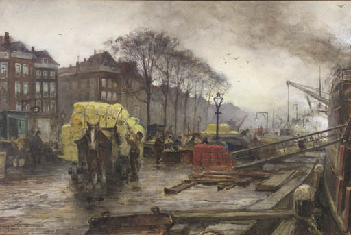 Labourers Unloading Cargo On A Quay, Rotterdam — August Willem Van Voorden