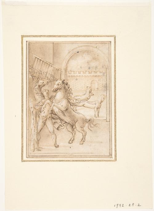 An Allegory. Male Nude In A Stable With Four Wild Horses — Prospero Fontana
