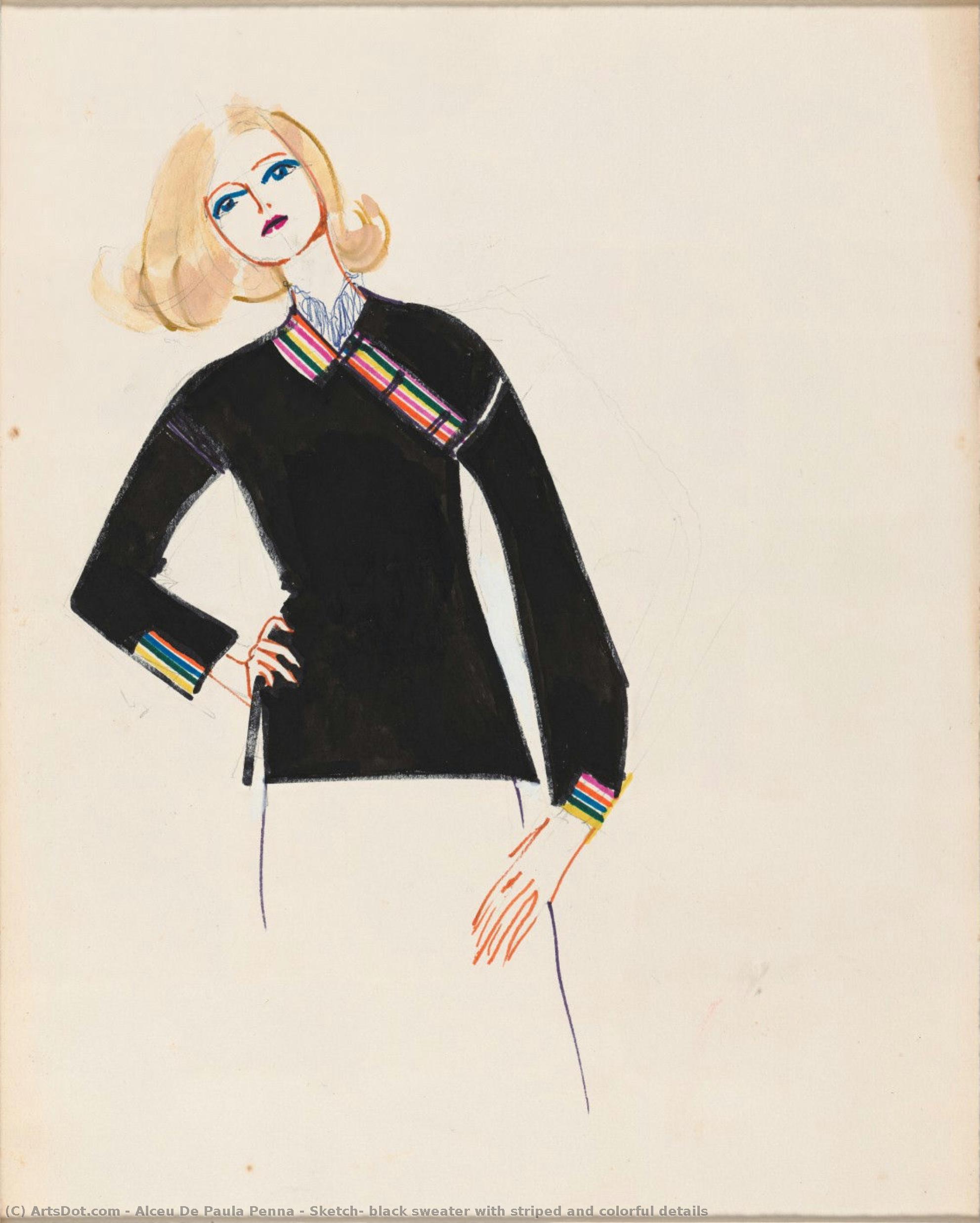 Sketch, Black Sweater With Striped And Colorful Details — Alceu De Paula Penna