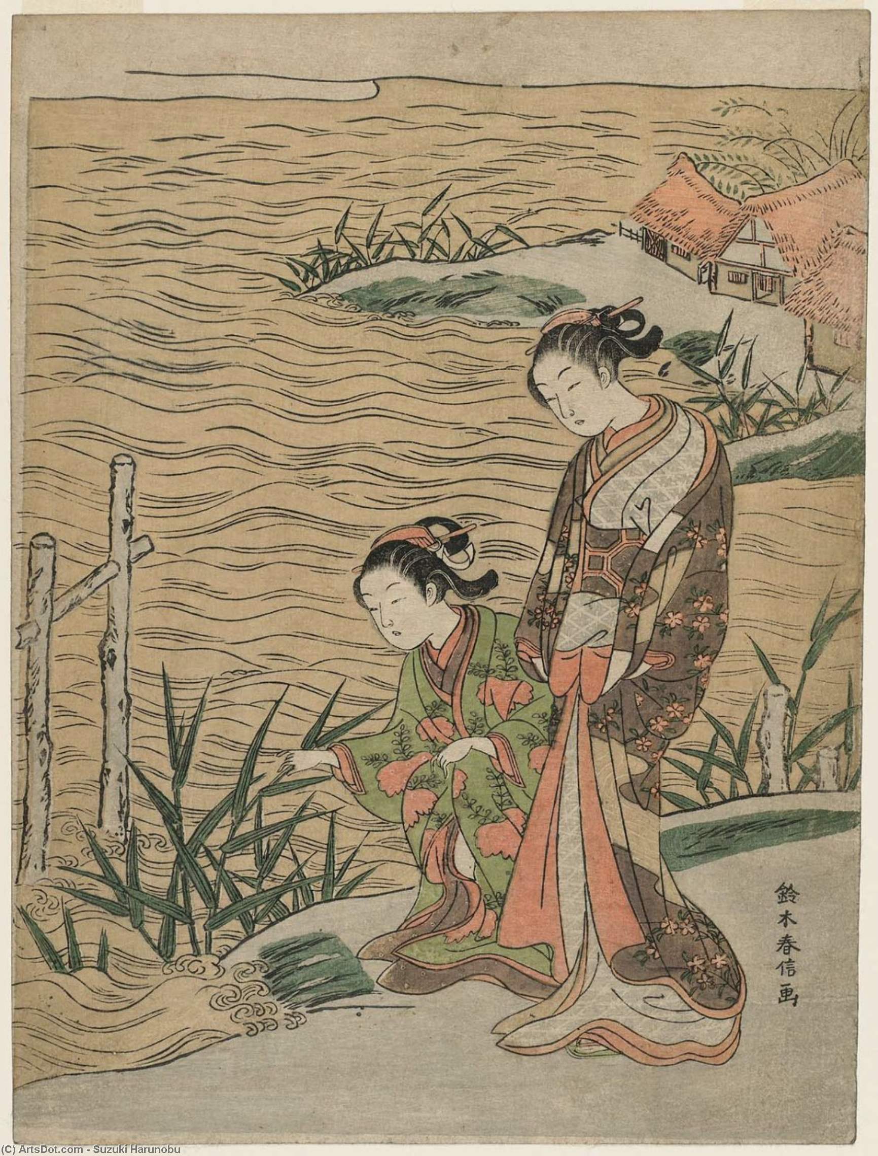 Two Women With Reeds And Waterside Cottages — Suzuki Harunobu