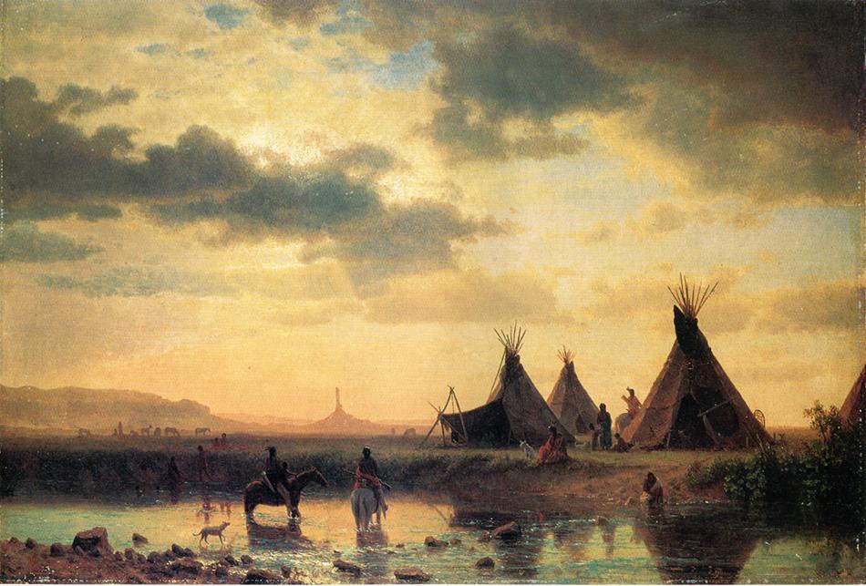 View Of Chimney Rock Ogalillalh Sioux Village In Foreground — Albert Bierstadt