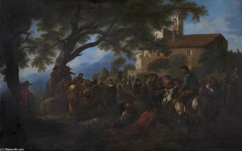 Villagers Gathered Under A Tree In Front Of A Small Monastery — Pandolfo Reschi