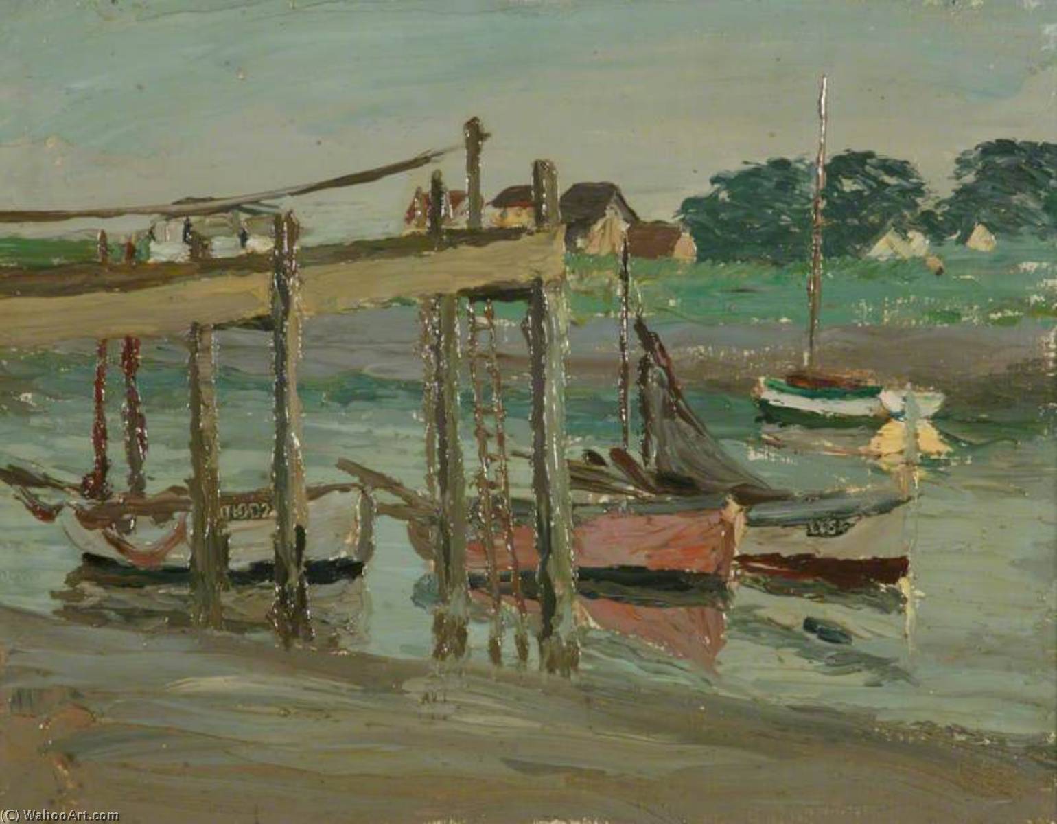 Walberswick, Boats On The Blythe At A Wooden Jetty — Henry Clarence Whaite