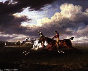 Two Racehorses with Jockeys up, Exercising in a Landscape