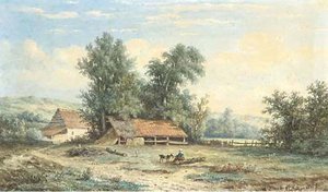 A Peasant Girl Feeding A Goat By A Farm — Anthonie Jacobus Van Wijngaerdt
