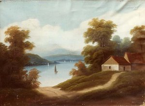 Hudson River Scene With Cabin, (painting) — Joseph H Hidley