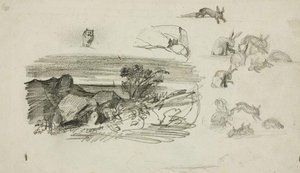 Study, Rocky Setting And Rabbits — Charles-françois Daubigny