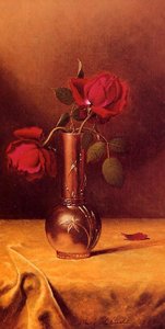 Two Red Roses In A Bronze Vase — Martin Johnson Heade