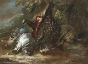 A still life with dead game and a porcupine hanging from a branch